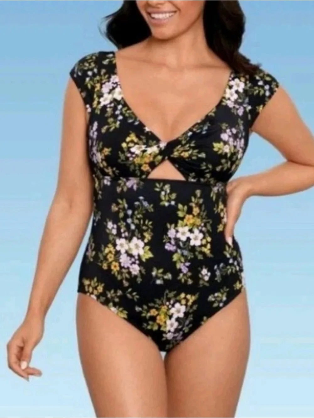 Beach Betty By Miracle Brands Black Floral One-Piece Swimsuit with Twist Front